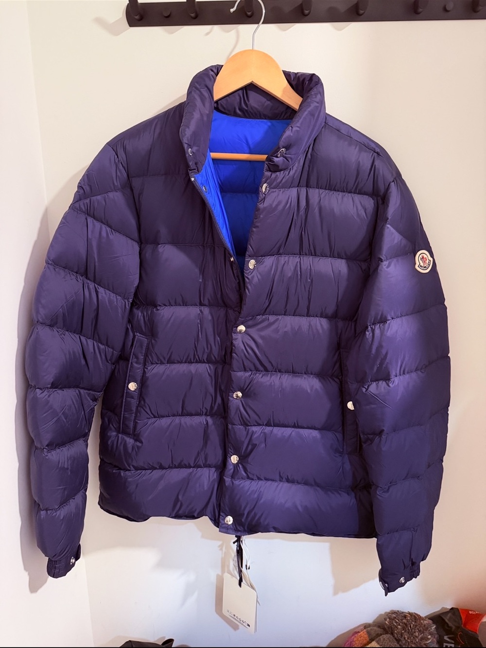 Moncler Men's Dark Blue Quilted Puffer Jacket with Bright Blue Lining